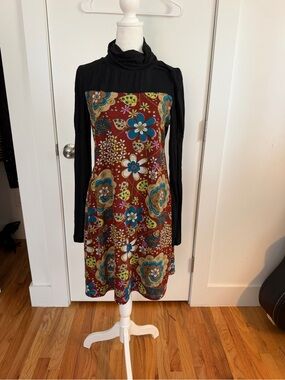 Funky People Black Long-Sleeve Dress with Burgundy Floral Panel